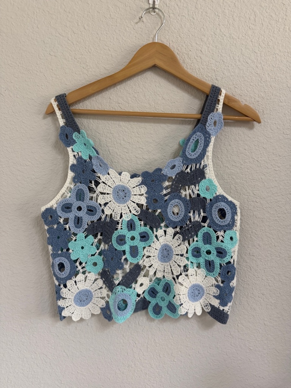 Cotton Emporium Crochet Floral Camisole in Blue, White, & Aqua